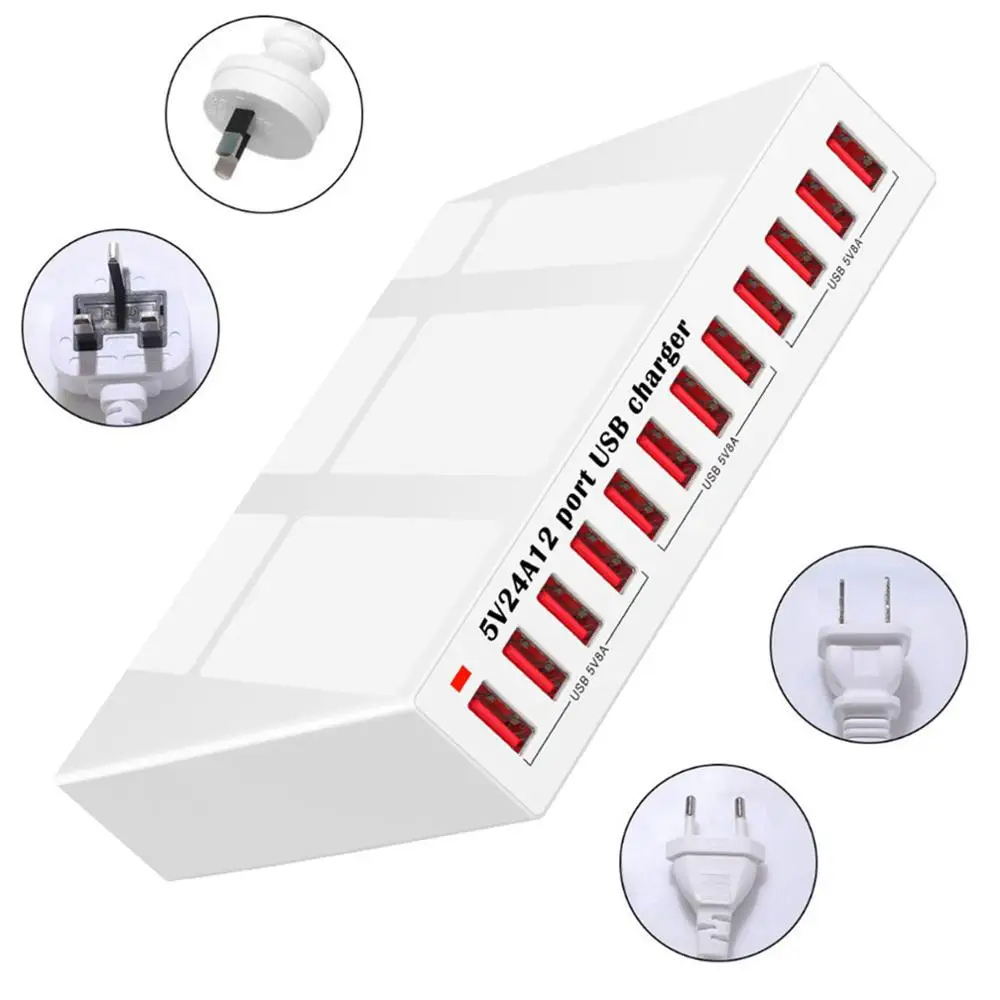 Universal 12-Port 5V 2.4A USB Charger Station Power Supply Charging Hub for Cellphone Tablet fit School Mall Hotel Shop and more