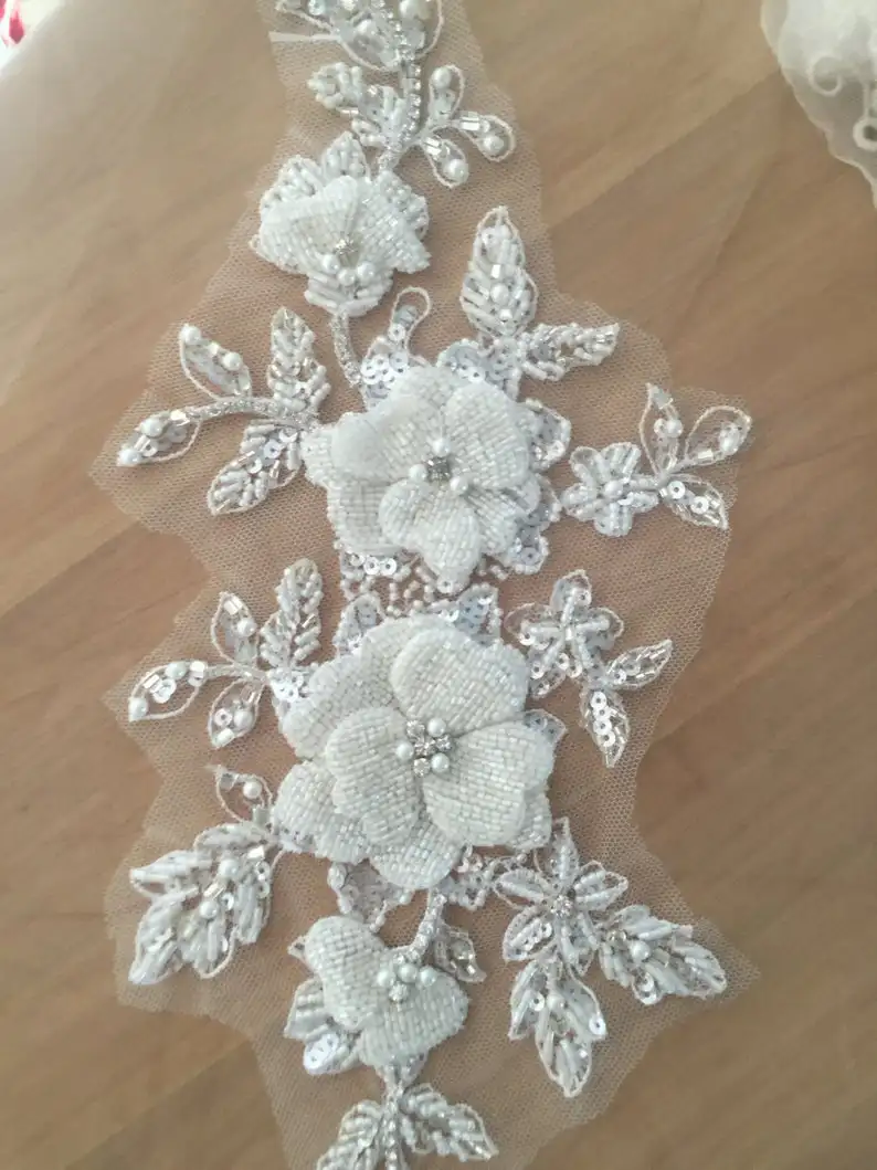 Haute Couture Rhinestone Beaded 3D Flower Lace Applique Bridal Hair Flower Wedding Headpiece Cape Veil Patch Motif