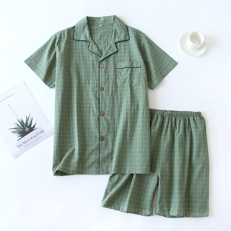 Summer new couple pajamas two-piece men\'s plaid short-sleeved shorts 100% cotton gauze ladies simple home service set sleepwear