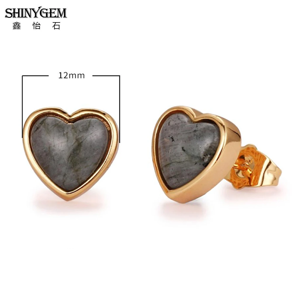 ShinyGem-أقراط كلاسيكية على شكل قلب للنساء ، أقراط من حجر اللابرادوريت الرمادي الداكن ، 12 × 12 مللي متر ، مجوهرات مطلية بالذهب