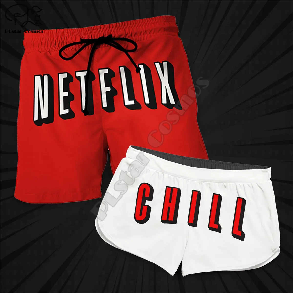 Casal combinando netflix e frio impresso 3d shorts feminino para homem cintura elástica shorts verão secagem rápida praia shorts