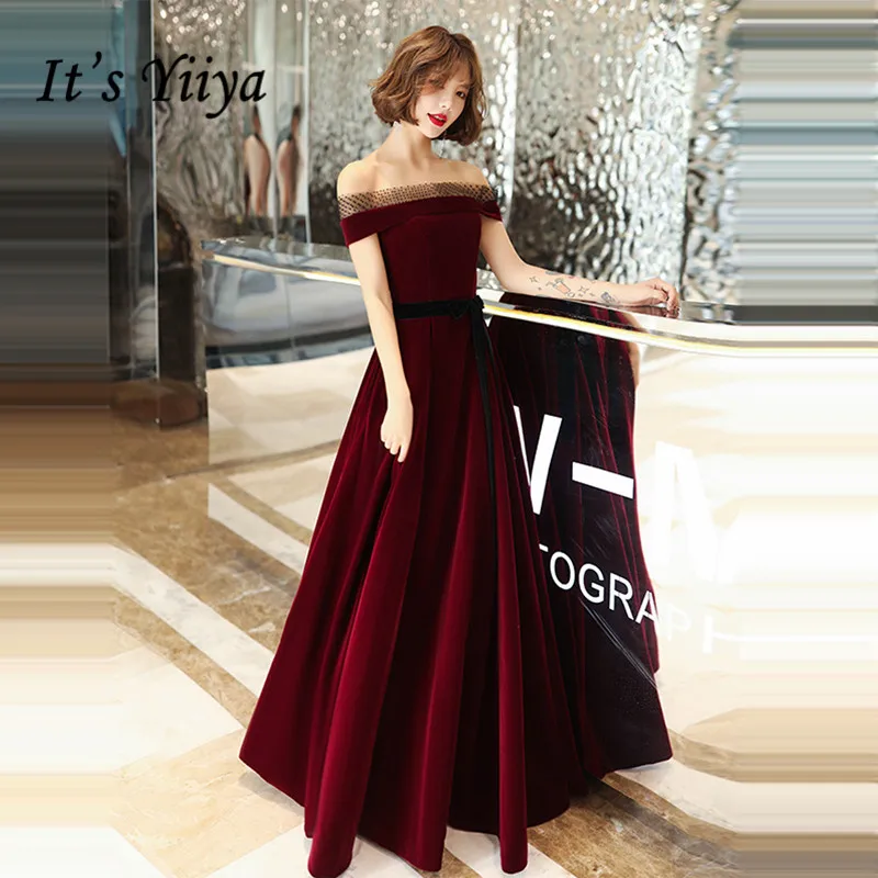 

It's Yiiya Evening Dresses Elegant Velvet Boat Neck Evening Dresses Off Shoulder Formal Gowns Burgundy Long robe de soiree LF127