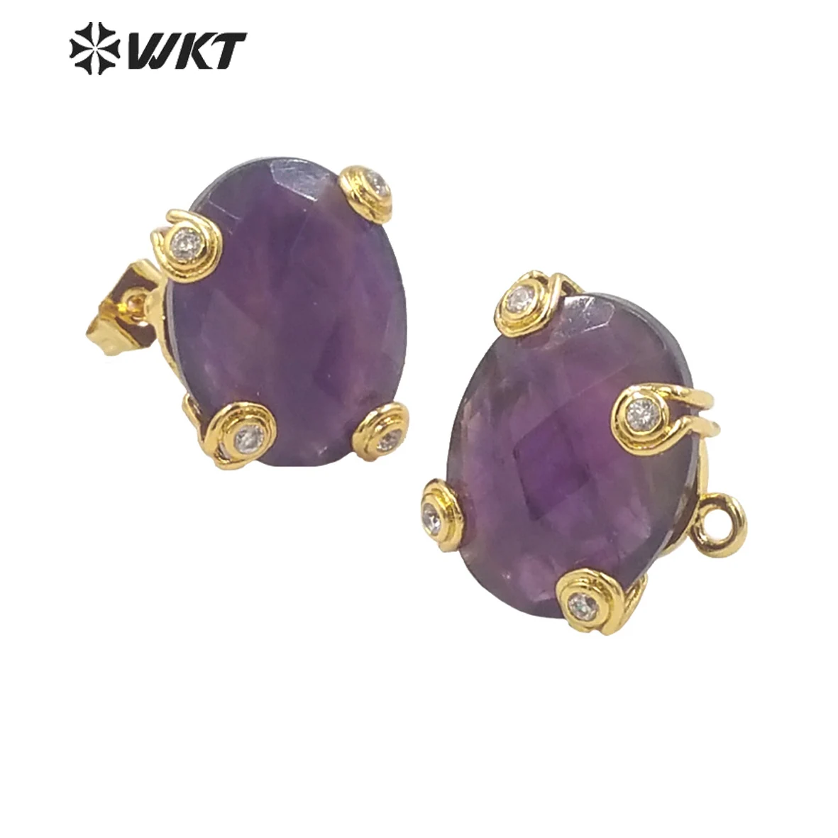 WT-E658 WKT Hot Sales Lovely Sparkly Natural Gemstones Oval Shape Stud Stone With Gold Dipped Multi Amethysts Fashion Earrings