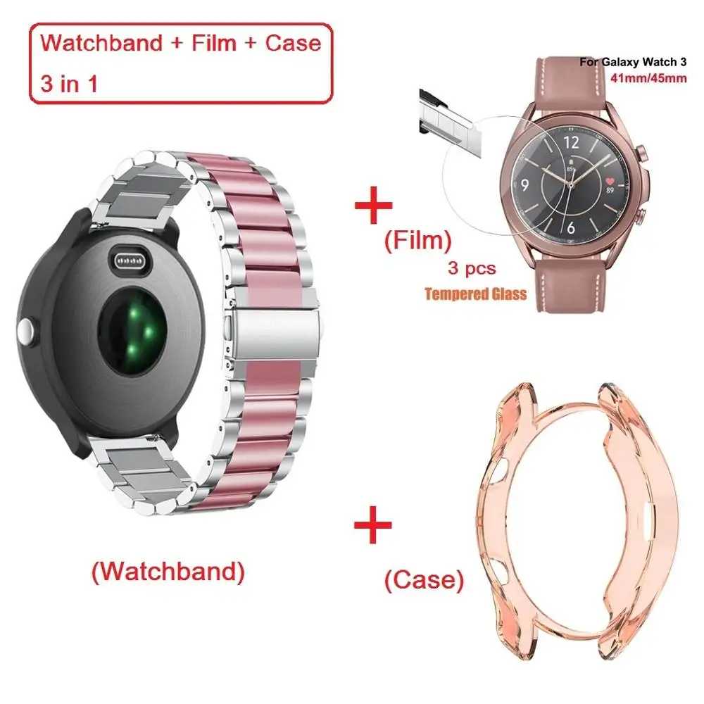 

3in1 для Samsung Galaxy Watch 3 41 мм 45 мм браслет для наручных часов из нержавеющей стали Защитное покрытие для экрана чехол Закаленное стекло пленка ремешок на запястье