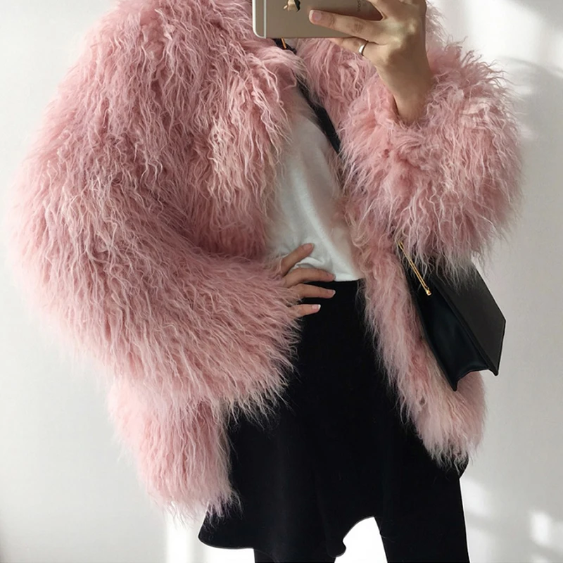 2023 Autumn Winter Fur Jacket Female Pink Fashion Long Plush Imitation Fur Wool Overcoats Ladies Short Fur Parkers Coat Woman