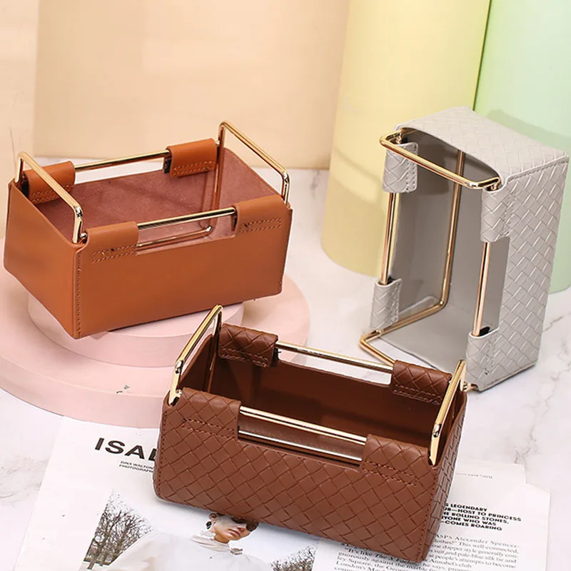 

PU Leather Cosmetic Storage Box Sundries Basket Luxury Home Living Room Keys Watch Remote Control Cell Phone Organizer