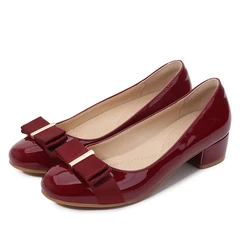 New Sexy Lady Autumn Bridal Shoes Girl Round Toe Butterfly Knot Women Short Heel Pumps Elegant Patent Leather Lady Party Shoes