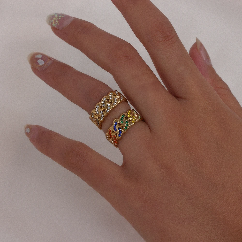 Waterproof Cute Colorful Clear Shiny CZ Stone Paved Cuban Chain Rings For Female Luxury Stone Ring Tarnish Free Jewelry