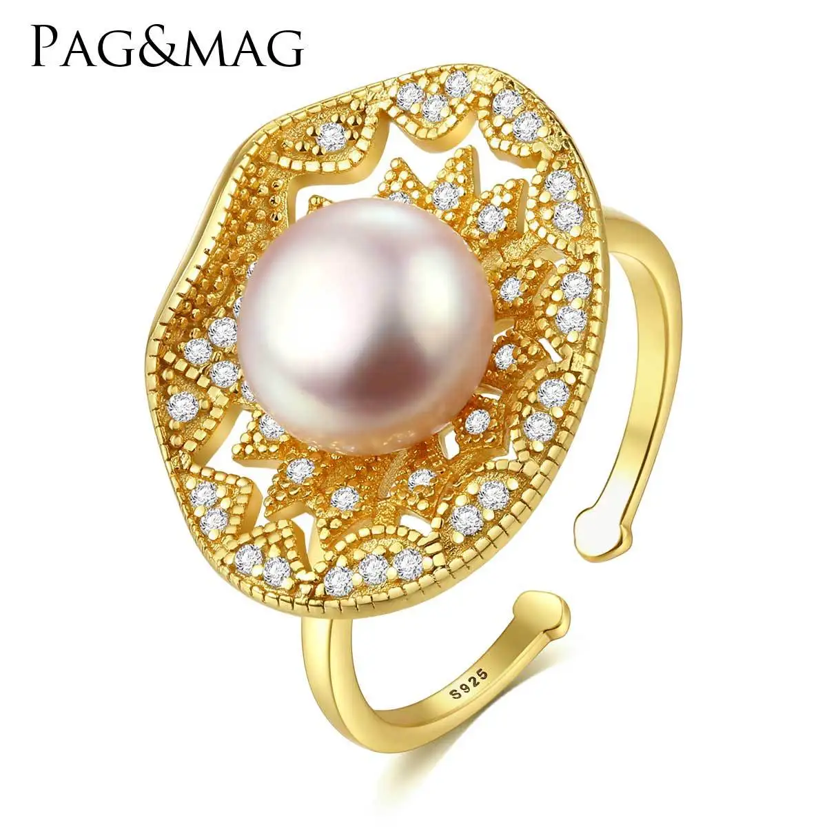 

PAG&MAG S925 Full-body Sterling Silver Handwork Large Disc with Natural Pearl Opening Adjustable Female Ring