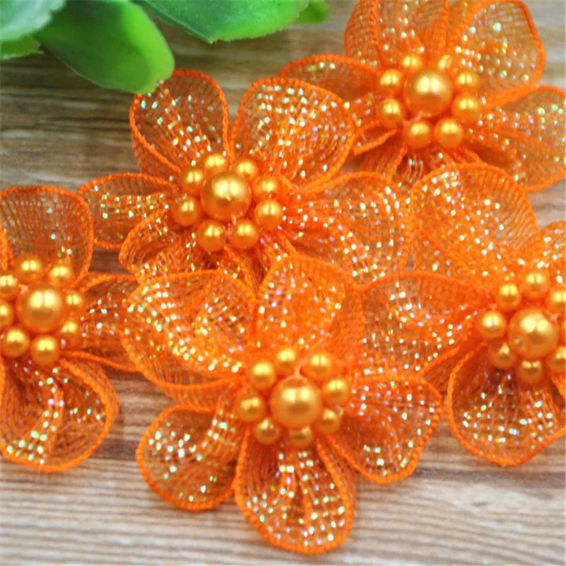 20 pcs U pick Organza Ribbon Flowers Bows w/Beads Appliques Wedding Craft A011