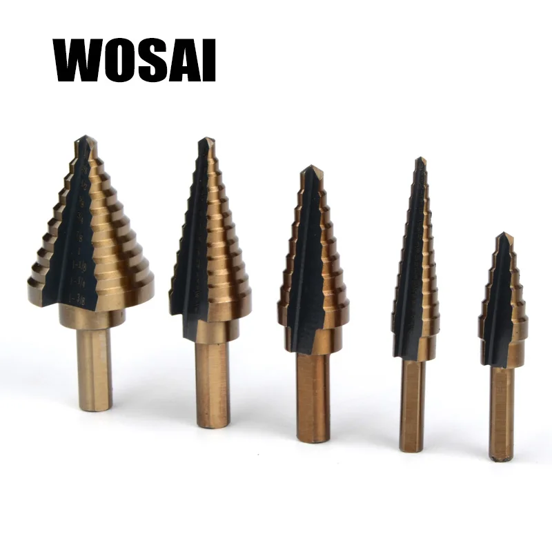 WOSAI 5pcs HSS Cobalt Step Drill Bit Set Titanium Cone Drill Hole Cutter Bit Multiple Hole 50 Sizes Step Drill Bit Power Tool