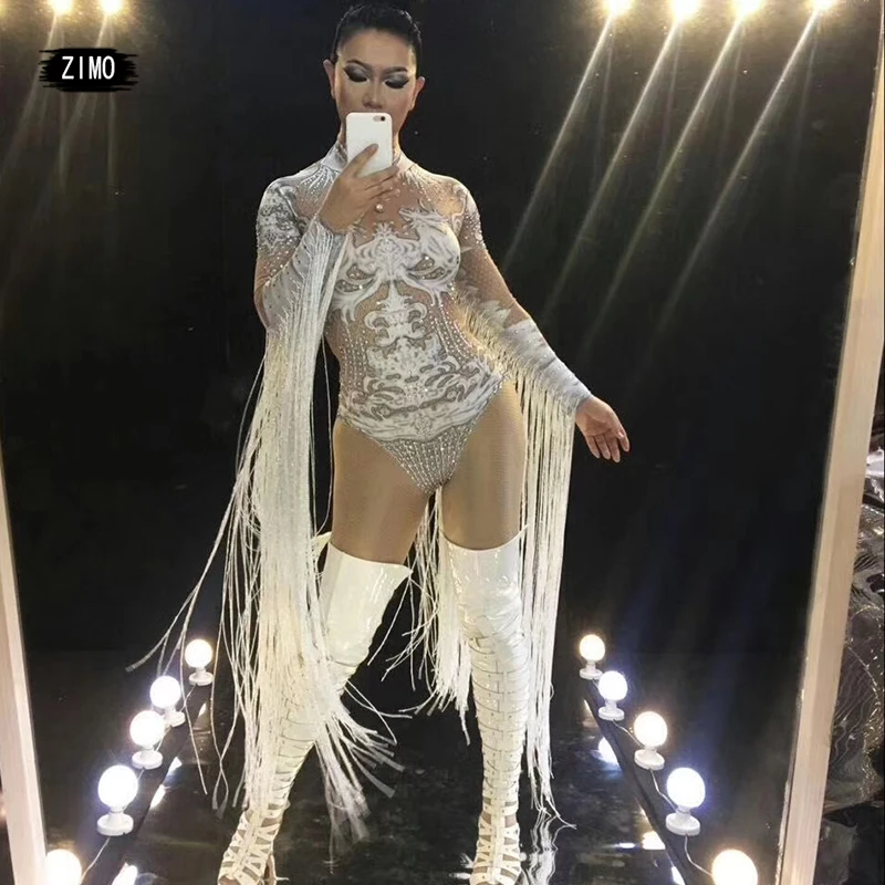 

tassels White rhinestone bodysuit women costumes nightclub bar sexy pole Jumpsuits rhinestones outfit performance singer DJ show