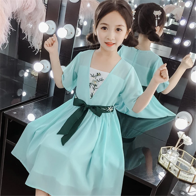 

Suit dress girl new summer dress embroidered retro dress short-sleeved Hanfu Chinese dress vestido chino blue green dress