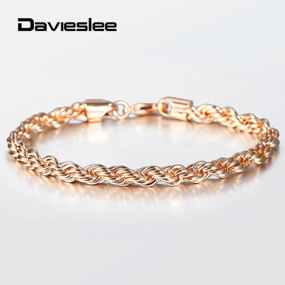 Womens Mens Bracelet 585 Rose Gold Color 5/6mm Twisted Rope Link Chain Bracelet for Women Men Wedding Neck-Jewelry LCB47A