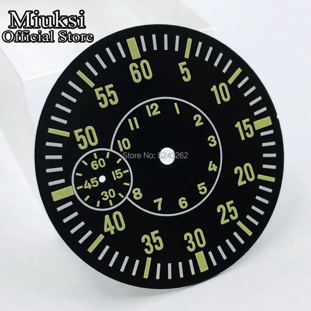 Miuksi 38.5mm black watch dial green marks luminous dial fit ETA 6497-1 6497-2 or Sea gull 3600 series movement