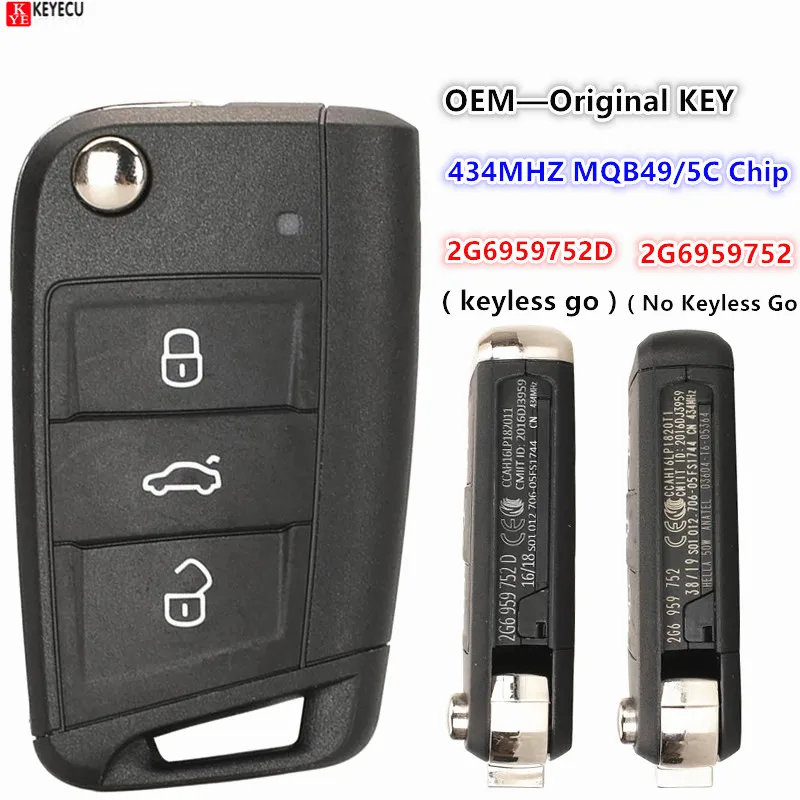 

KEYECU OEM 3BT Keyless Fob 433MHz 5C/MQB49 Remote Car Key for Volkswagen VW POLO 2019+ SKODA GOLF SEAT 2G6959752 /2G6959752D