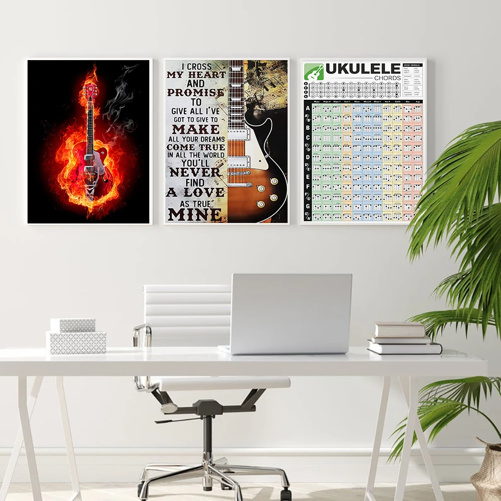 All-in-one Basic Music Guitar Theory Retro Poster Chord Five-degree Circle Fingerboard Chart Canvas Painting Art Wall Decoration