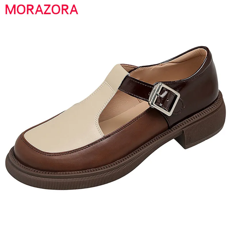 

MORAZORA 2022 Mixed Colors Single Shoes Women Flat Shoes Buckle Round Toe Casual Shoes Comfortable Genuine Leather Shoes Woman