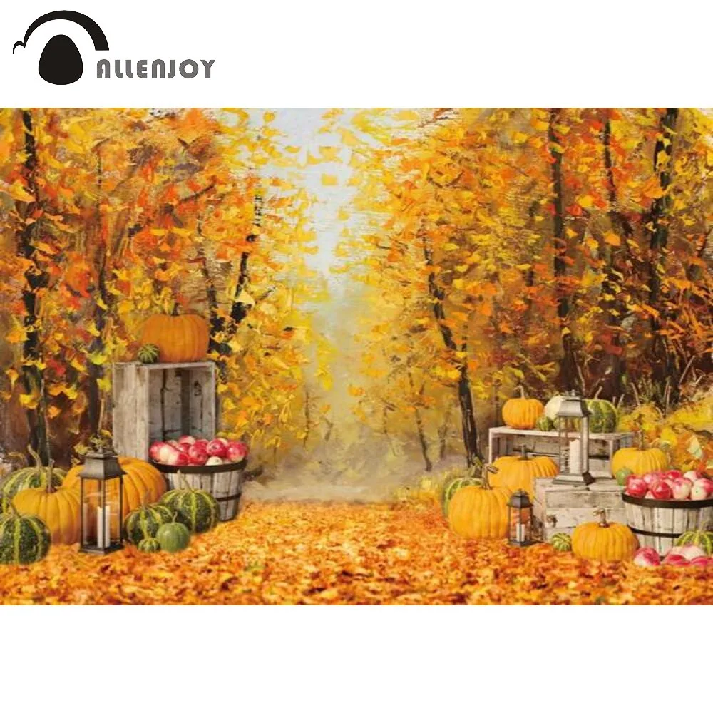 Allenjoy Autumn Theme Backdrop Defoliation Pumpkin Oil Painting Style Forest Indoor Custom Decorative Background Wallpaper