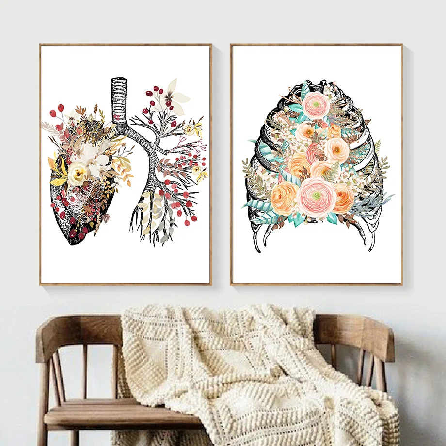 Rose Flowers Anatomy Skeleton Brain Heart Wall Art Canvas Painting Nordic Posters And Prints Wall Pictures For Living Room Decor