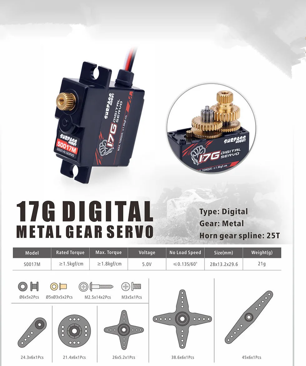 4.8 ~ 6V S0017M Micro Mini DC Servo 17G เกียร์โลหะ1.5 ~ 1.8กก.Servo ดิจิตอลสำหรับ1/18 RC รถเรืออะไหล่ทดแทน