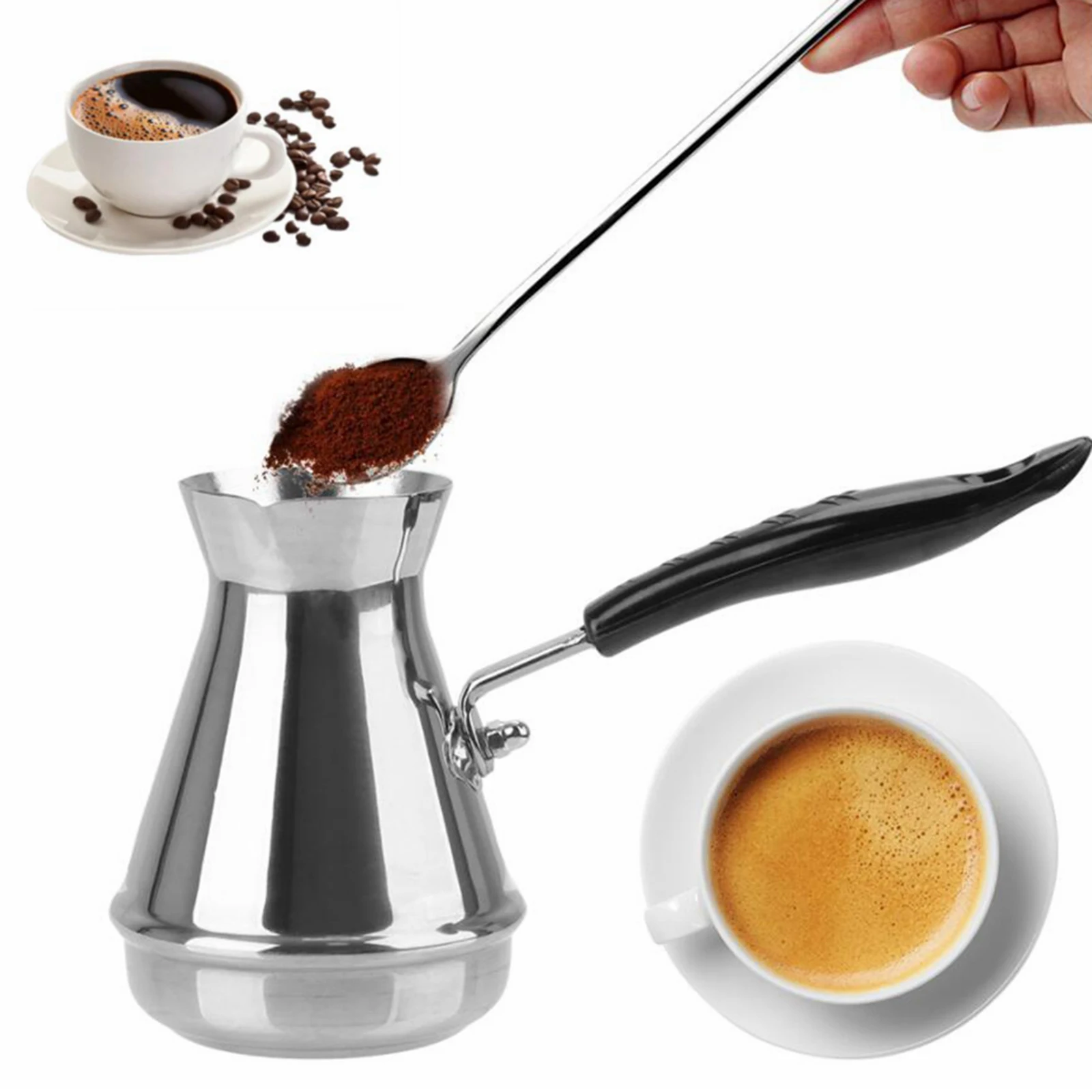 2Pieces Stainless Steel Turkish Coffee Pot Arabica Coffee Maker Warmer Large Decanter Kettles Long Handle Mocha Moka Pots