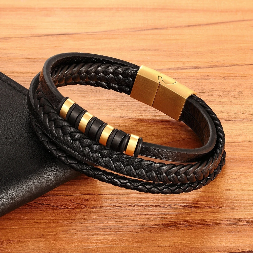 TYO الساخن الفولاذ المقاوم للصدأ الإسورة سوار من الجلد للرجال اليد سحر المجوهرات متعدد الطبقات المغناطيس المشبك اليدوية هدية للأولاد بارد