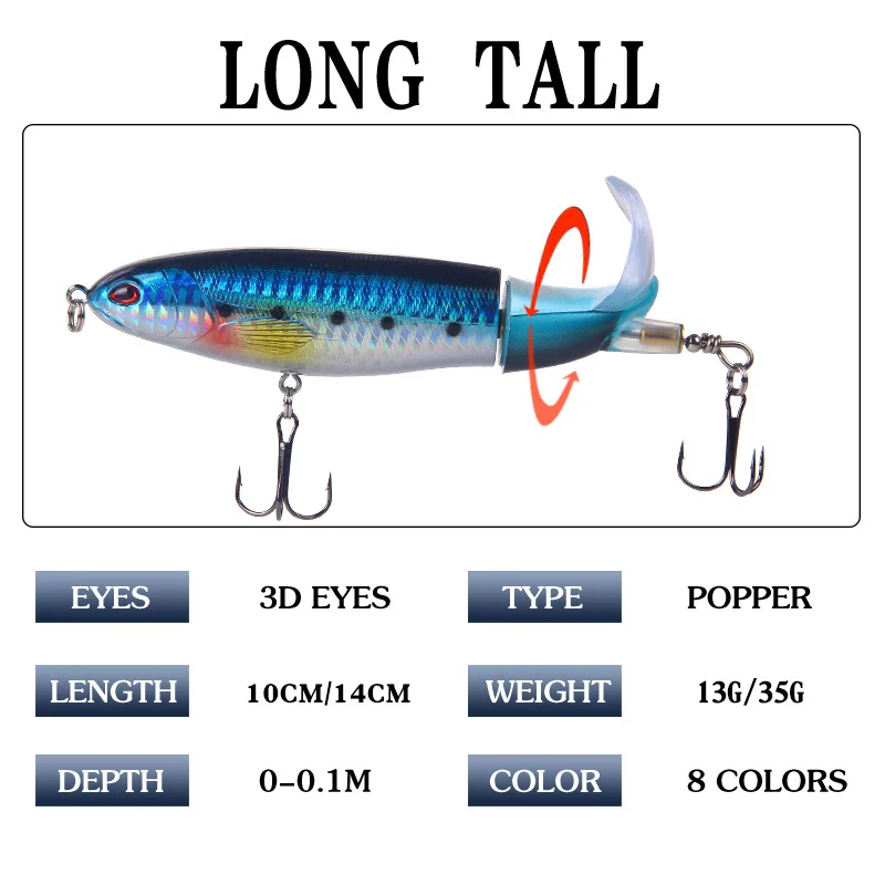 10cm/14cm Whopper Propeller Fishing Lure with Hook 3D Eye Artificial Wobbler Plopper Fishing Bait Rotating Tail Crankbait Tackle