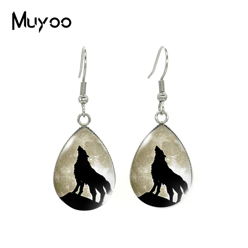 2021 New Moon Wolf Tear drop Earring Howling Wolf Fish hook Earrings Glass Cabochon Jewelry Handmade Items