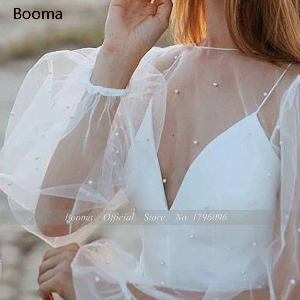 Vestidos de novia con perlas de marfil para mujer, vestidos de novia con cuello en V, mangas largas abullonadas, Espalda descubierta, tirantes finos, línea A, vestidos de novia de tul