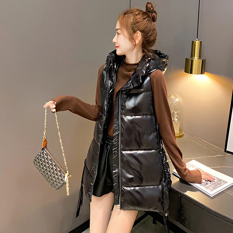 

Fad Winter Women's Long Vest Shiny Solid Hooded Sleeveless Jacket Plus Size Stand Collar Cotton Padded Thick Casual Outwear