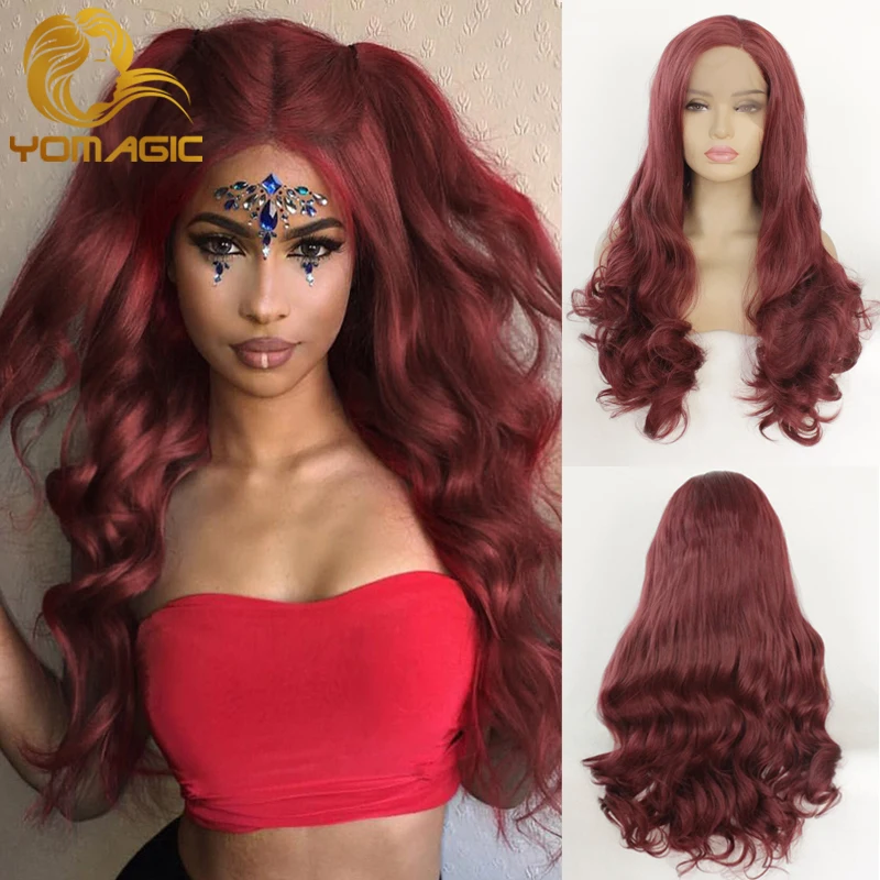 

Yomagic Red 99j Color Synthetic Hair Lace Front Wig with Natural Hairline Heat Resistant Fiber Hair Glueless Synthetic Lace Wigs