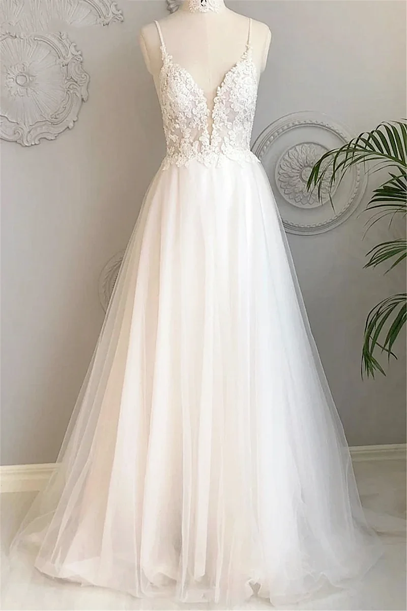 Applique vestido de noite simples marfim senhora cinta de espaguete com decote em v a linha elegante chique para praia vestido de casamento sem costas vestidos