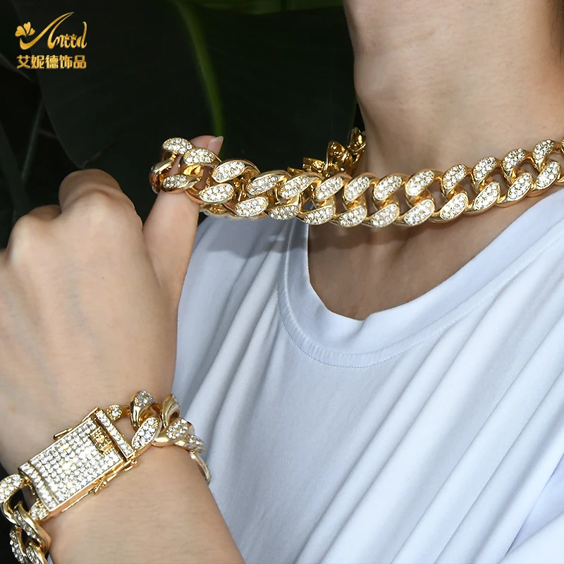 

ANIID Zircon Clear Necklace Womens 2022 Bracelet Set Jewlery Gold Plated Chain Waterproof Rhinestone Cuban Link Hip Hop