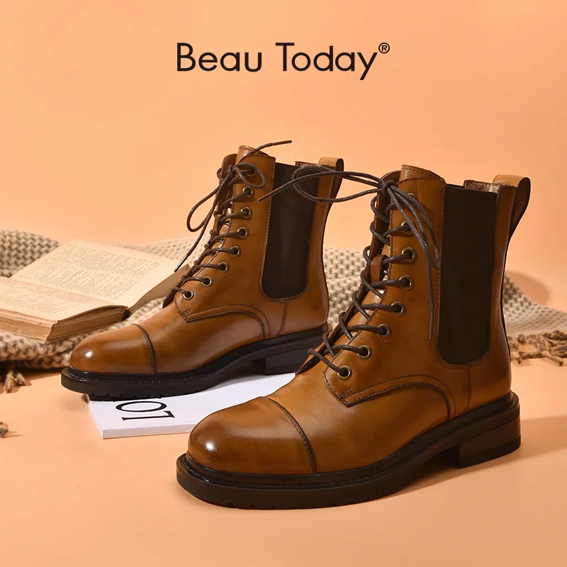 

BeauToday Women Ankle Boots Genuine Cow Leather Square Toe Shoes Lace-Up Closure Elastic Fashion Ladies Boots Handmade 04040