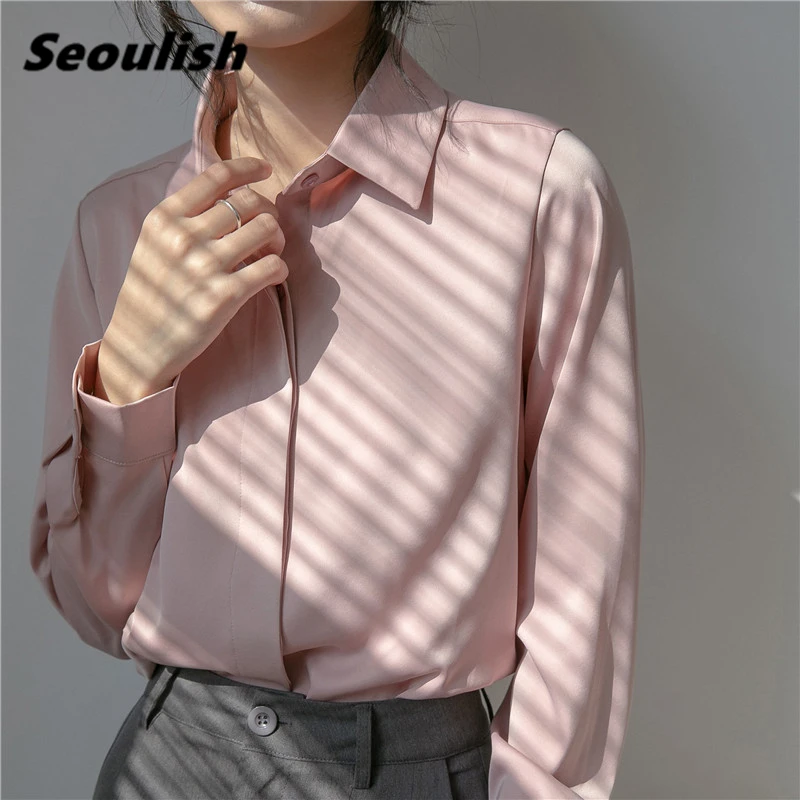 

Seoulish Spring Autumn Satin Pink Formal Women's Blouse 2021 New Turn-down Long Sleeve Office Shirts Female Workwear Chic Tops