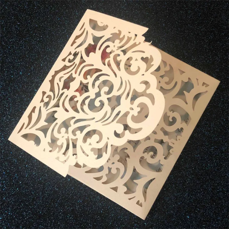 

Champagne Hollow Laser Cut Invitation Card Enclosure Wedding Engagement Party Invites 50 Sets Customized Printing