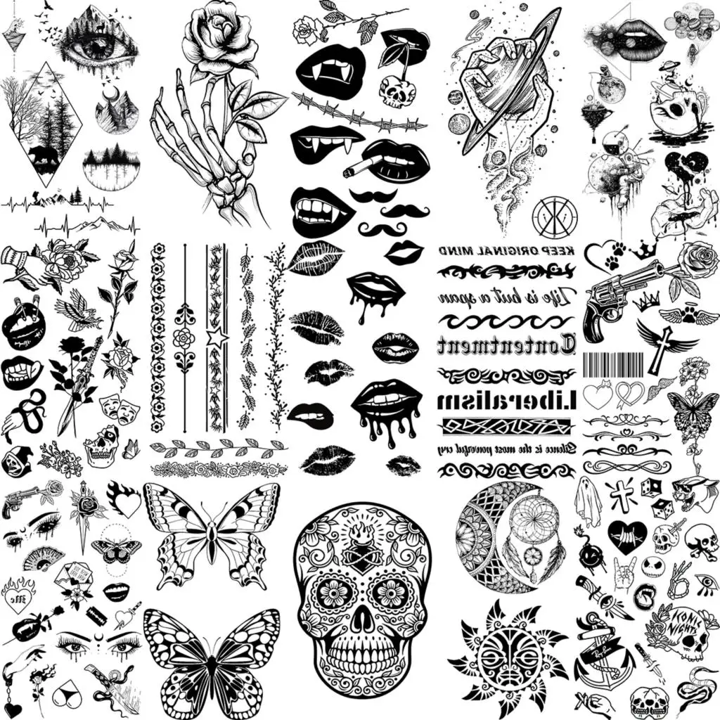 Sexy Lips Temporary Tattoos For Women Adult Men Thorns Skull Planet Butterfly Rose Flower Fake Tattoo Body Art Waterproof Tatoos