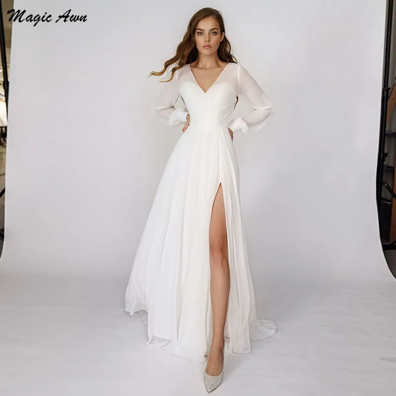 Magic Awning Lengan Panjang Chiffon Pernikahan Gaun Boho V-Neck Ilusi Sisi Split Pantai A-Line Sederhana Mariage Gaun Vestido Boda