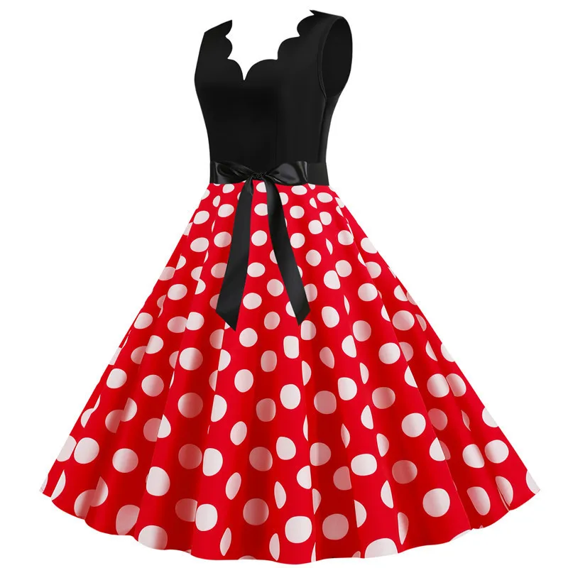 Polka Dot Print Women Summer Dress Black Patchwork Sleeveless V Neck Elegant Vintage Party Casual Midi Dress