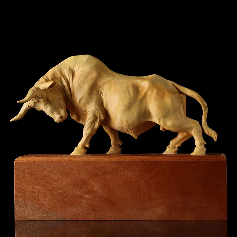 Bull Sculpture Feng Shui Ornament - Hand-Carved Wooden Business Gift for Wealth