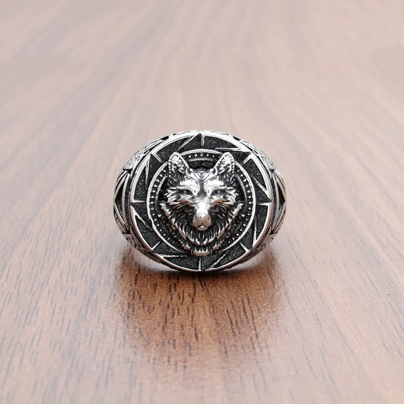 Free Shipping Vintage 316L Stainless Steel Men's Silver Color Black  Sun Veles Wolf Head Ring For Viking Nordic Jewelry