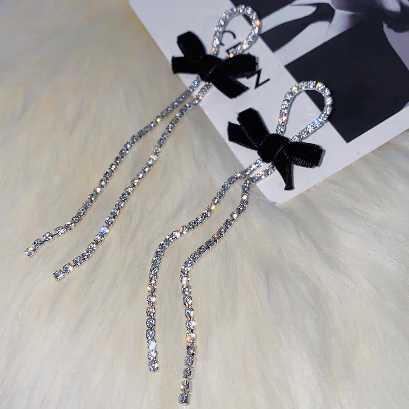 Fashion Long Tassel Full Rhinestone Drop Earrings for Women Bijoux Shiny Black Bowknot Crystal Dangle Earrings Jewelry Gifts