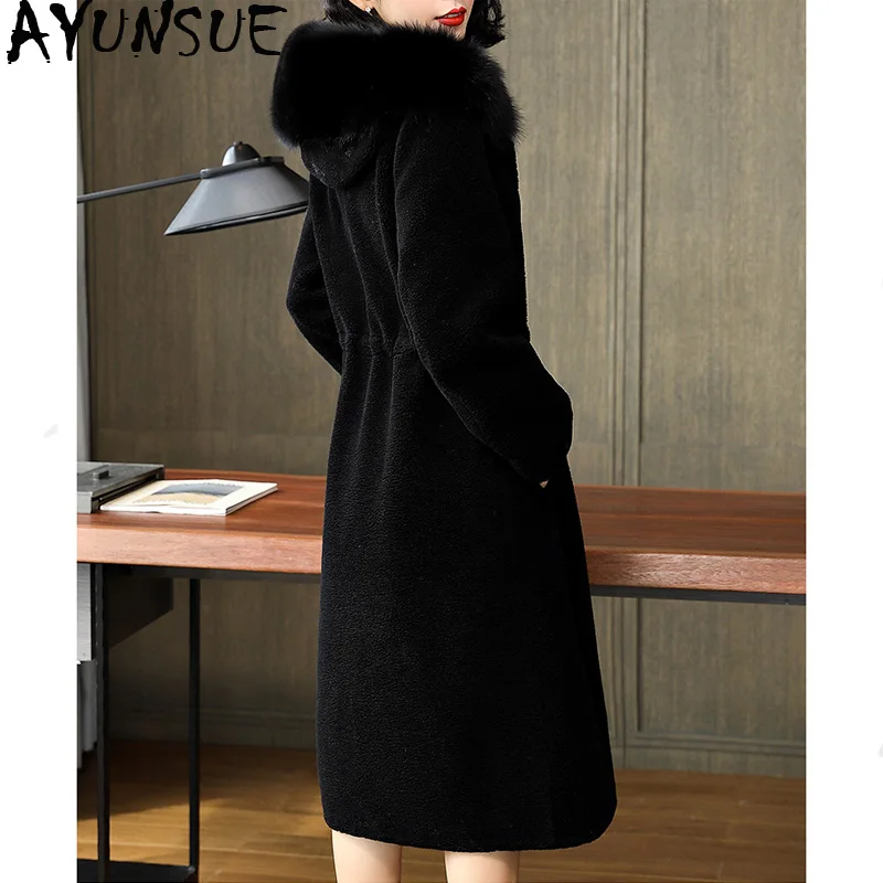 

AYUNSUE Natural Sheep Shearling Fur Coat 2020 Winter Jacket Women Fox Fur Collar Wool Coats and Jackets Women clothes MY3593