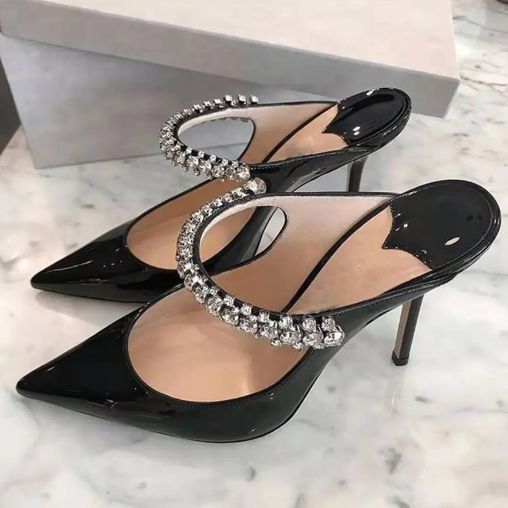 Summer Fashion Women shoes Patent leather Pumps Thin band Rhinestones stiletto heel pointed Ladies hollow Party shoes