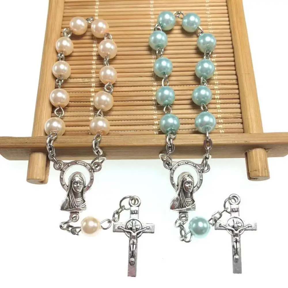 10pcs/pack 6mm  glass bead rosary bracelet,religious catholic bracelets with Virgin Mary centerpiece and alloy benedict cross