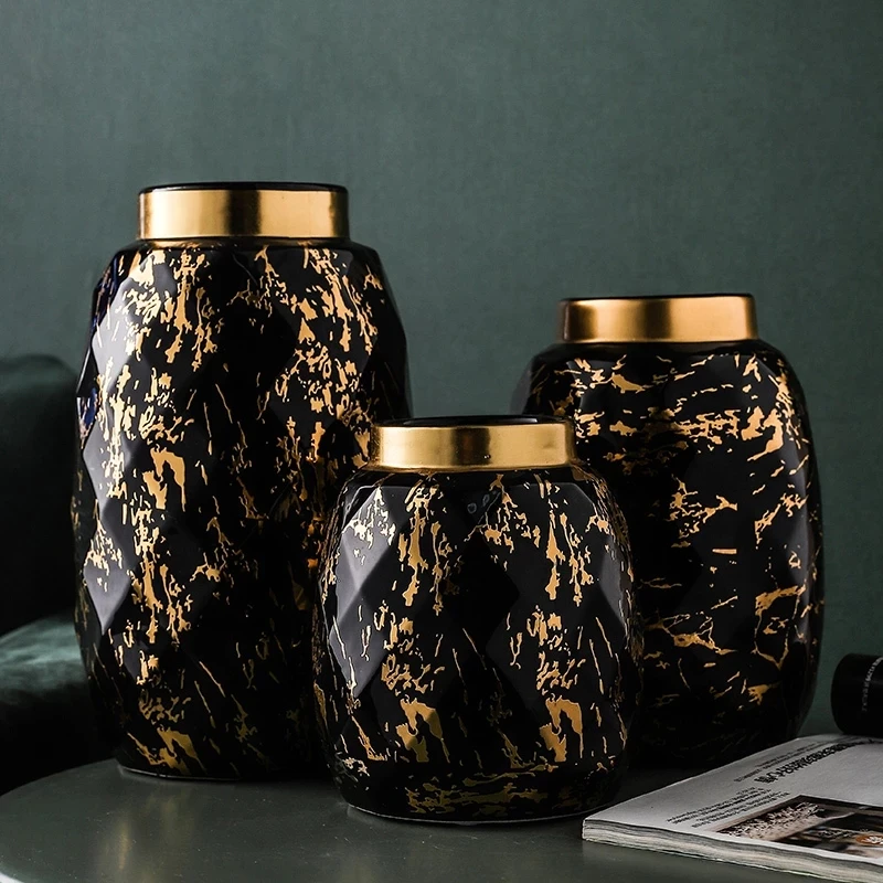 Modern Black Gold Ceramic Vase Wedding Decoration Marbled Vase Flower Arrangement Hydroponic Dining Table Living Room Decoration