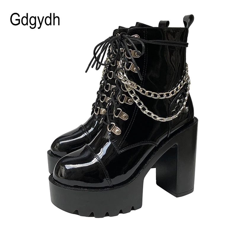 

Gdgydh 2022 Autumn Winter Gothic Women Ankle Boots Fashion Metal Chain Patent Leather Female Short Boots Punk Style Ladies Shoes