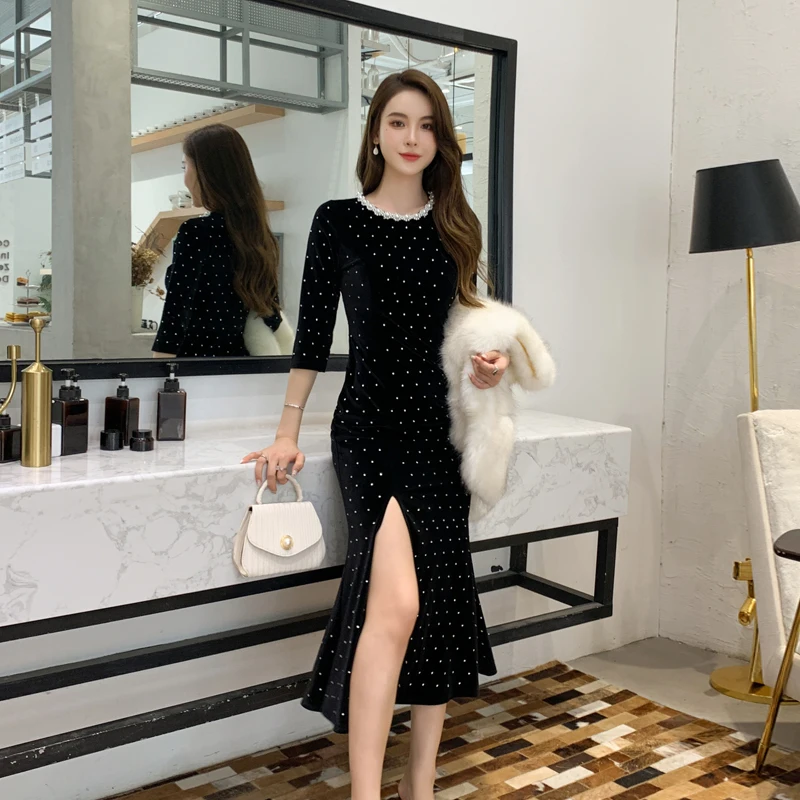 

Beaded Corset Dress Autumn 2021 Medium Sleep Black Dresses Gala Women Clothes Woman Fashion Women's Clothing Winter Party Female