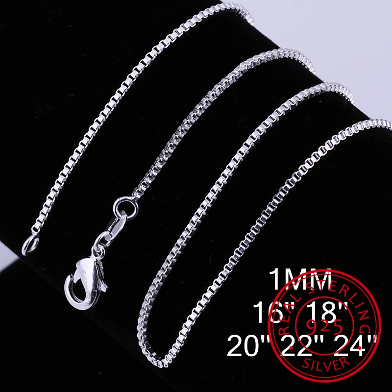 

40cm-60cm Thin Real 925 Sterling Silver Slim Box Chain Necklace Women Girls Children 16-24inch Jewelry kolye collares collier